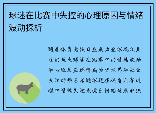 球迷在比赛中失控的心理原因与情绪波动探析